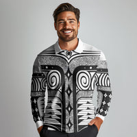 Japanese Indigenous Long Sleeve Polo Shirt Jomon Tribal Inspired White