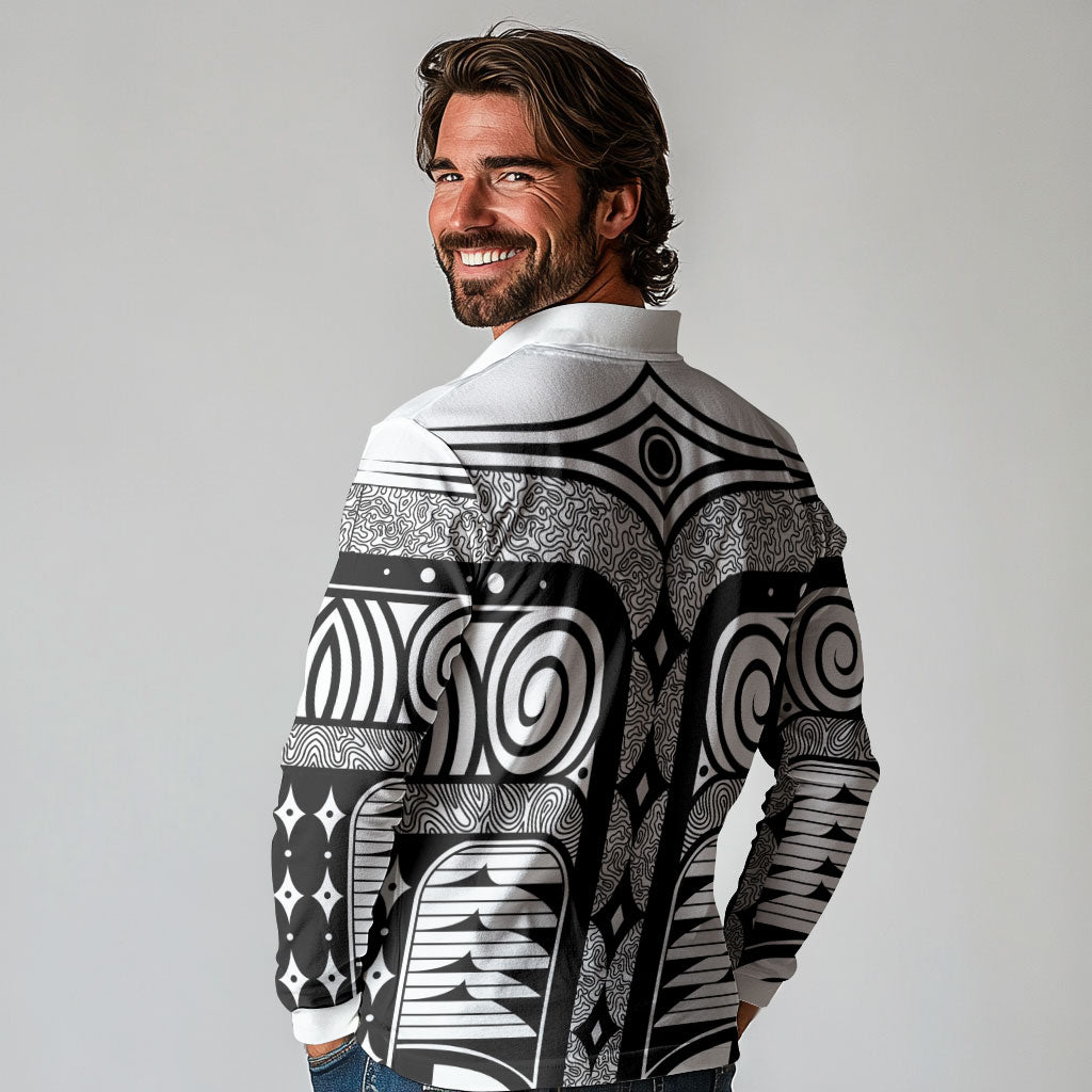 Japanese Indigenous Long Sleeve Polo Shirt Jomon Tribal Inspired White