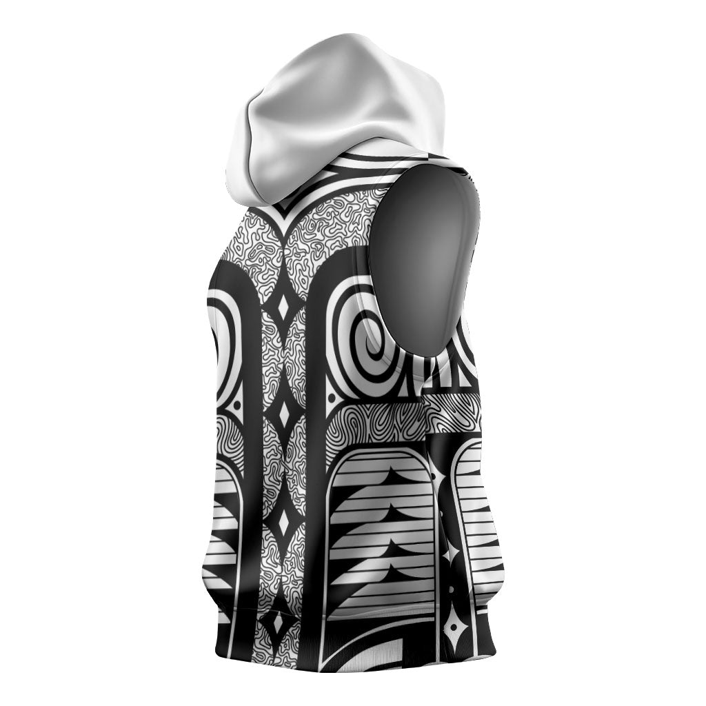 Japanese Indigenous Sleeveless Hoodie Jomon Tribal Inspired White