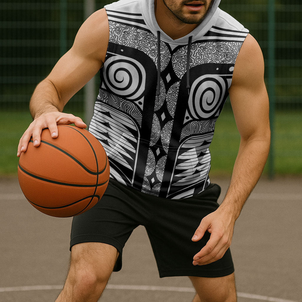 Japanese Indigenous Sleeveless Hoodie Jomon Tribal Inspired White