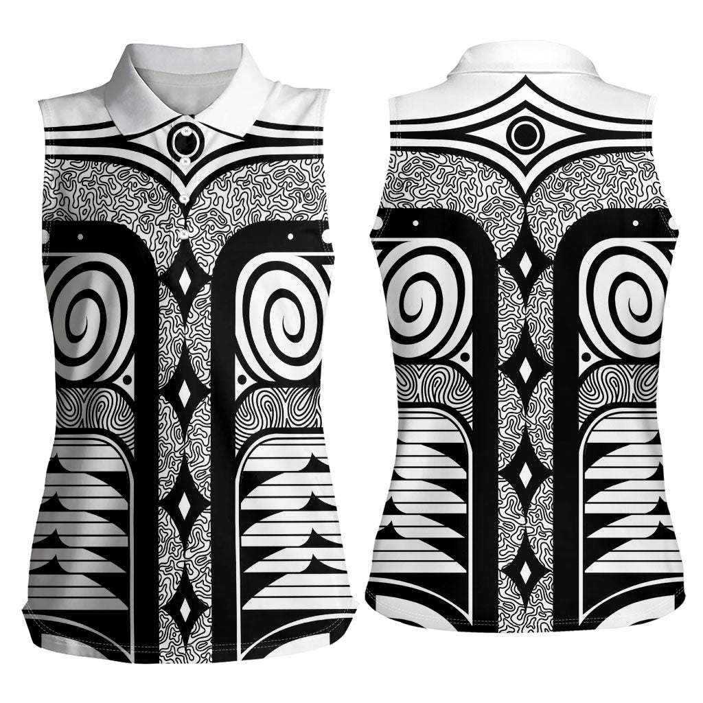 Japanese Indigenous Women Sleeveless Polo Shirt Jomon Tribal Inspired White