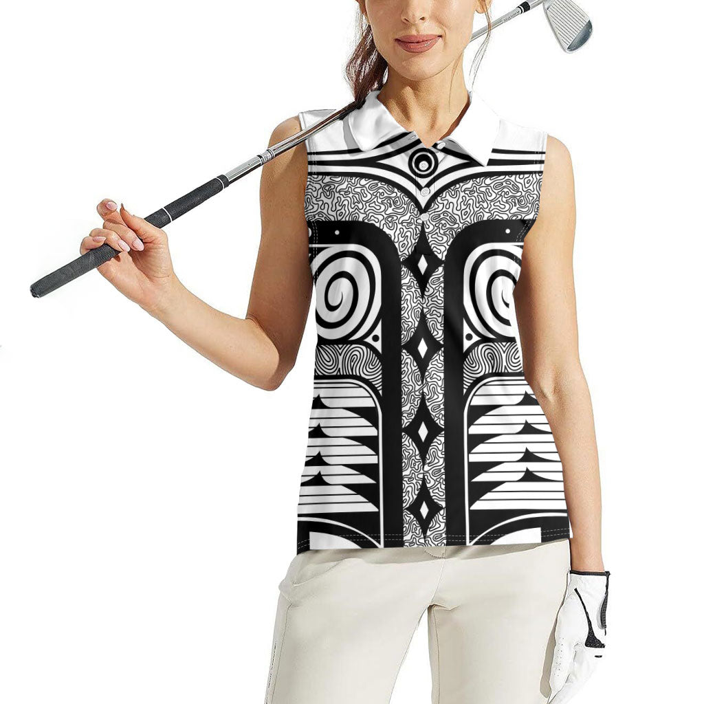 Japanese Indigenous Women Sleeveless Polo Shirt Jomon Tribal Inspired White