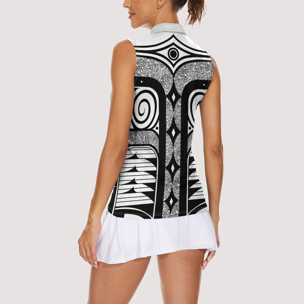 Japanese Indigenous Women Sleeveless Polo Shirt Jomon Tribal Inspired White