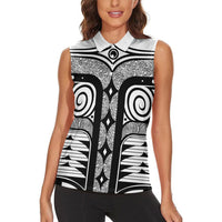 Japanese Indigenous Women Sleeveless Polo Shirt Jomon Tribal Inspired White