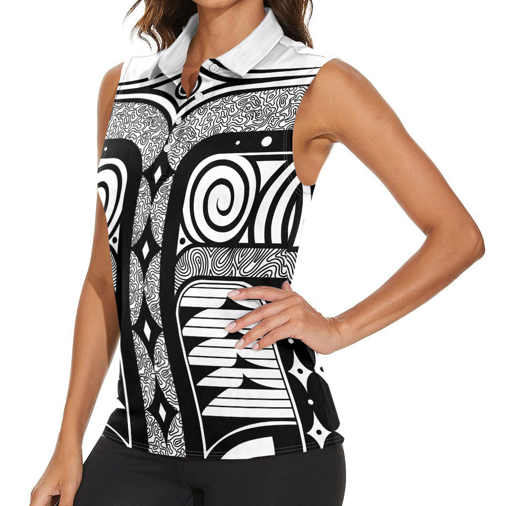 Japanese Indigenous Women Sleeveless Polo Shirt Jomon Tribal Inspired White