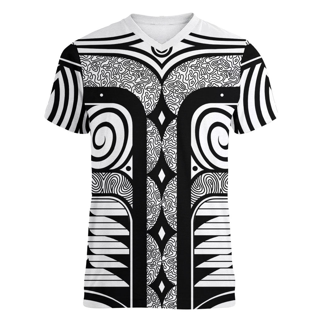 Japanese Indigenous Women V-Neck T-Shirt Jomon Tribal Inspired White