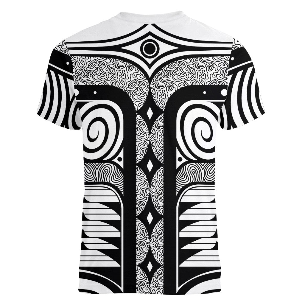 Japanese Indigenous Women V-Neck T-Shirt Jomon Tribal Inspired White