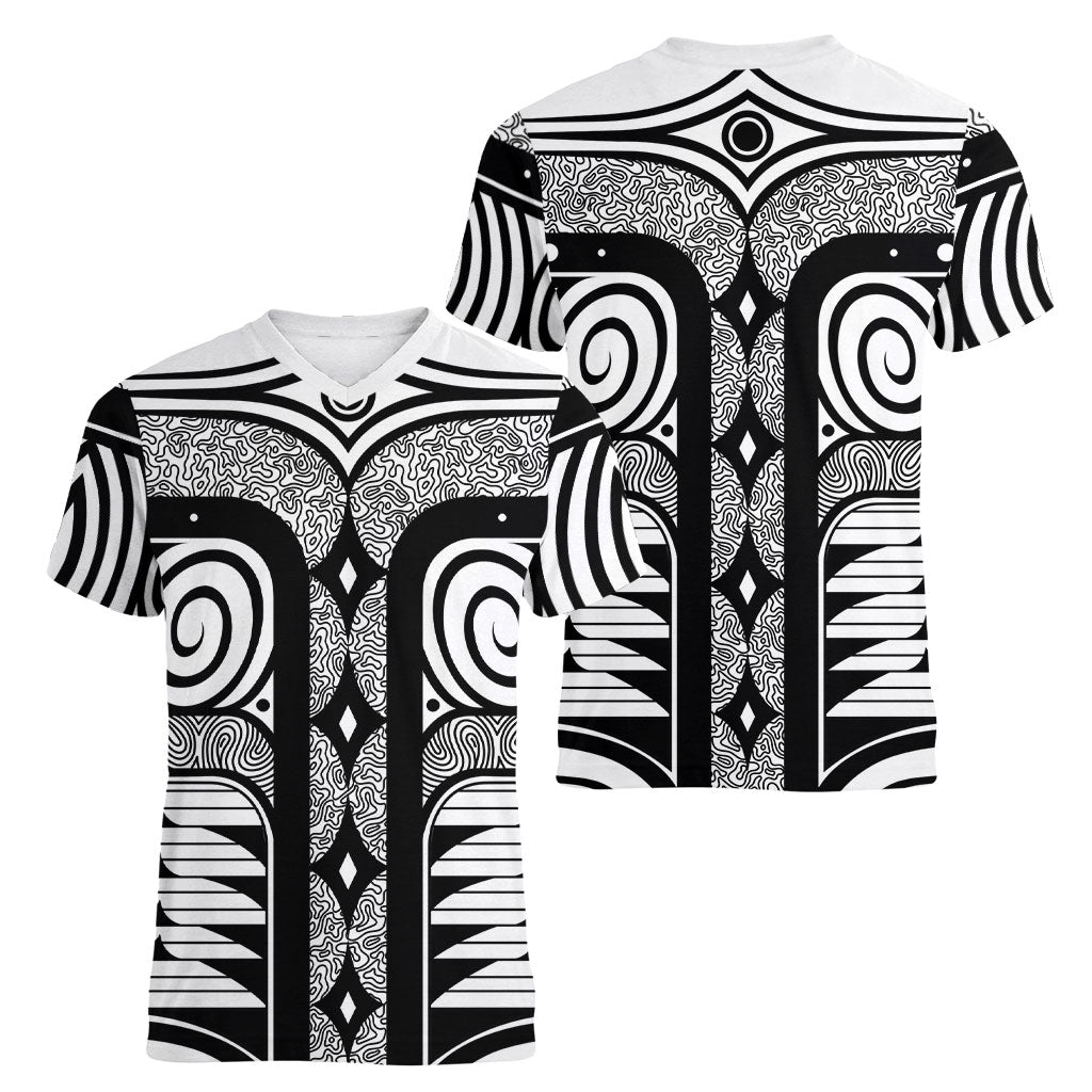 Japanese Indigenous Women V-Neck T-Shirt Jomon Tribal Inspired White