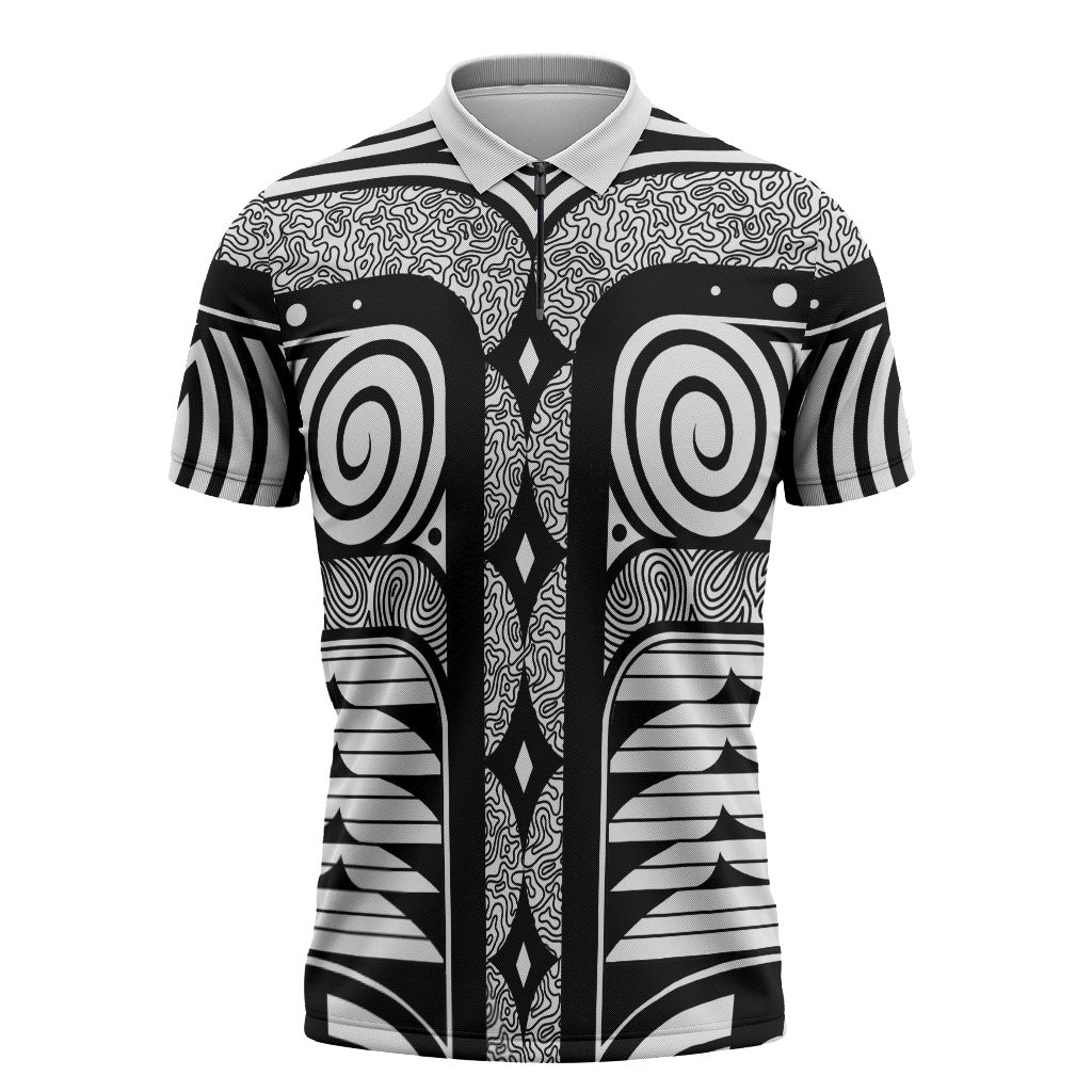 Japanese Indigenous Zipper Polo Shirt Jomon Tribal Inspired White