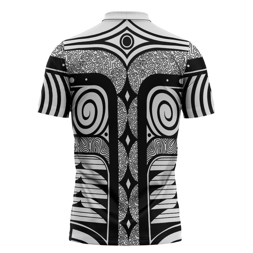Japanese Indigenous Zipper Polo Shirt Jomon Tribal Inspired White