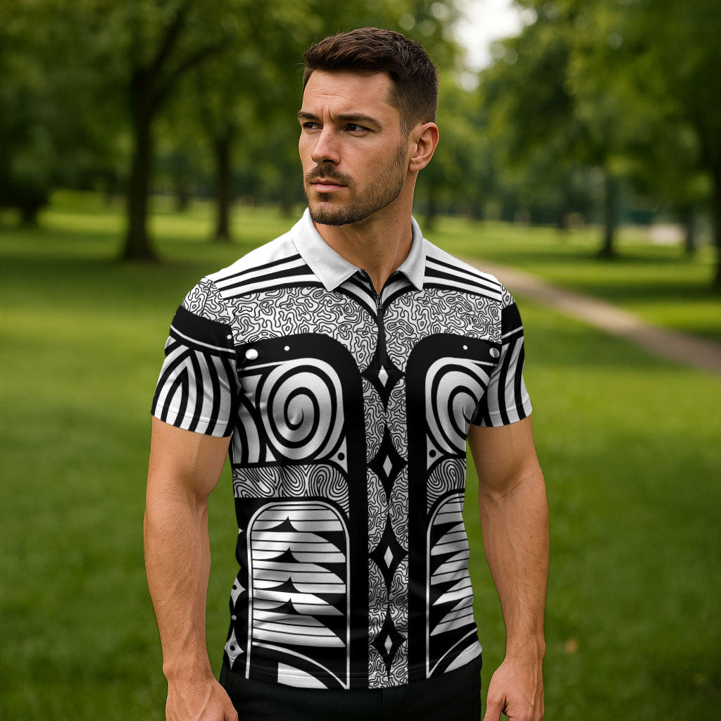 Japanese Indigenous Zipper Polo Shirt Jomon Tribal Inspired White