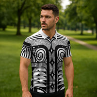 Japanese Indigenous Zipper Polo Shirt Jomon Tribal Inspired White