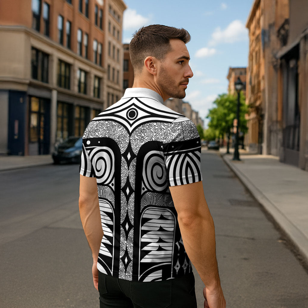 Japanese Indigenous Zipper Polo Shirt Jomon Tribal Inspired White