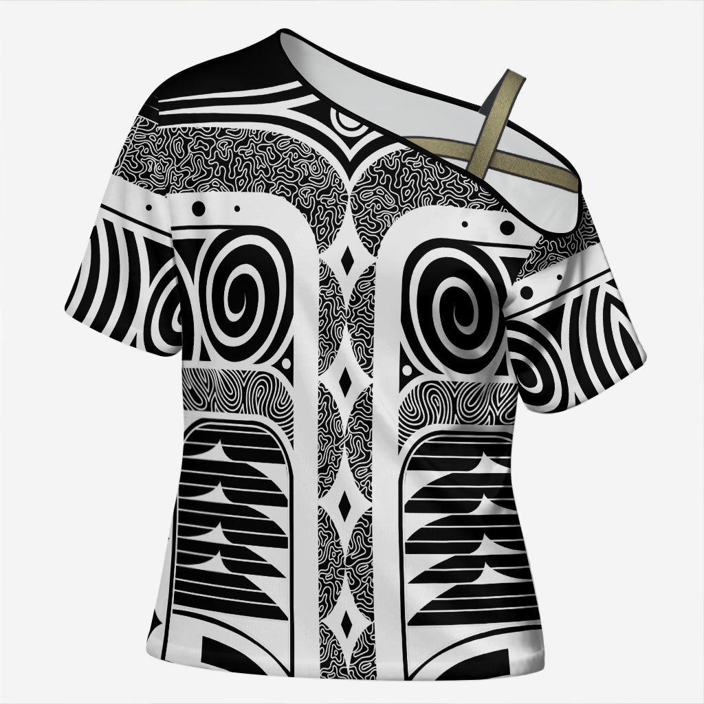 Japanese Indigenous Cross Shoulder Shirt Jomon Tribal Inspired Black