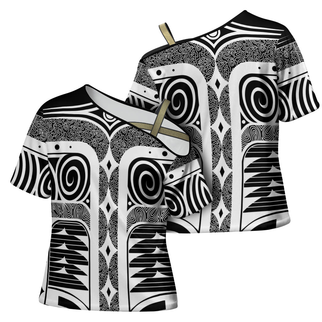 Japanese Indigenous Cross Shoulder Shirt Jomon Tribal Inspired Black