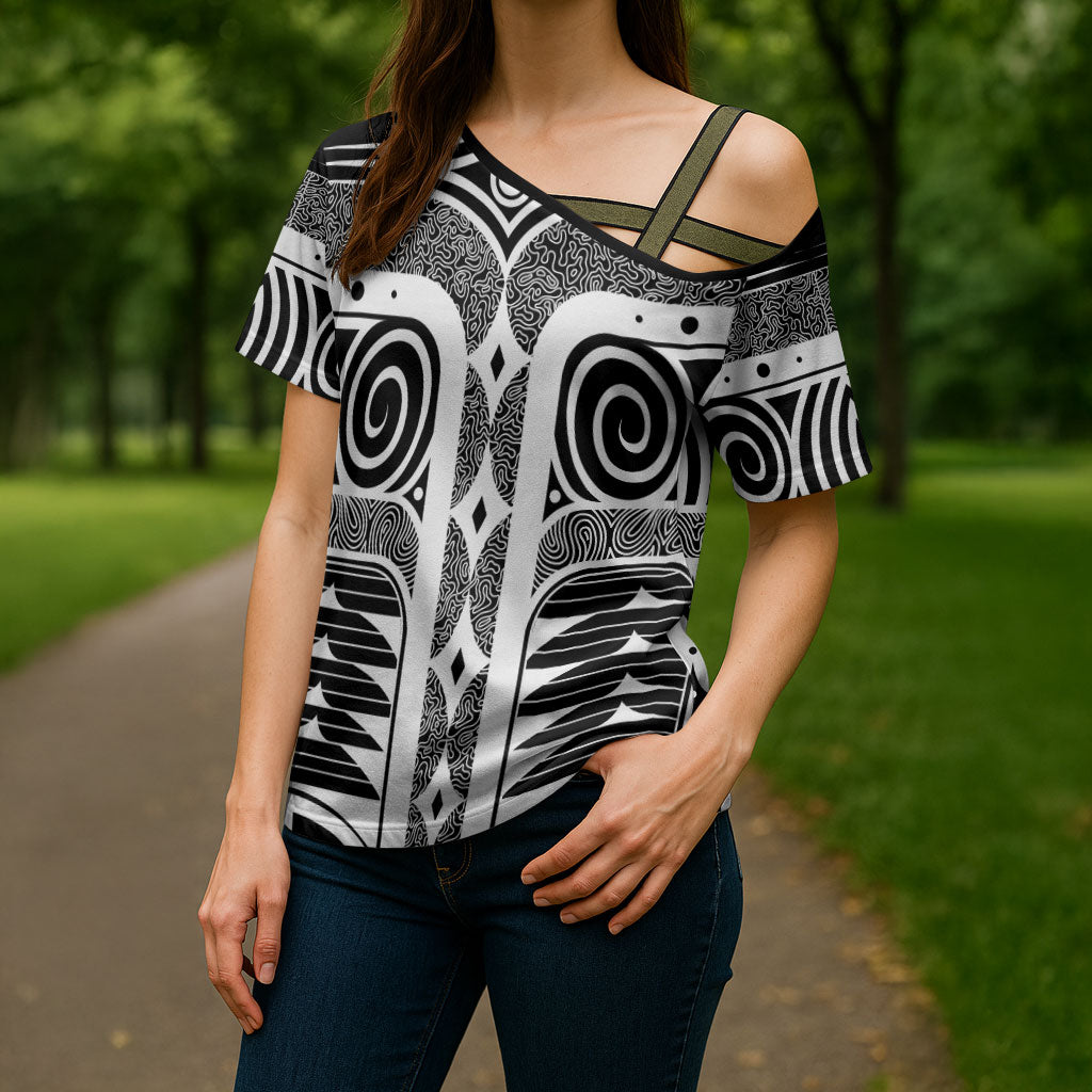 Japanese Indigenous Cross Shoulder Shirt Jomon Tribal Inspired Black