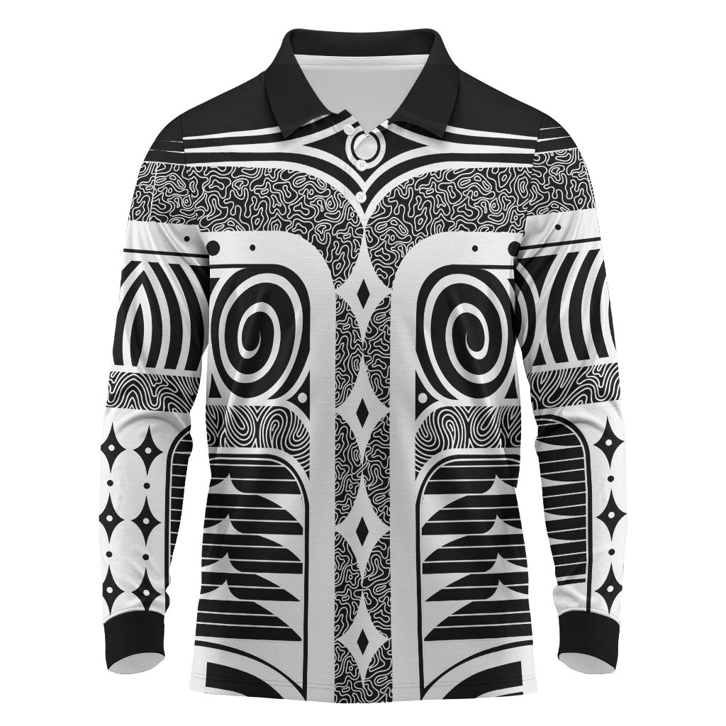 Japanese Indigenous Long Sleeve Polo Shirt Jomon Tribal Inspired Black