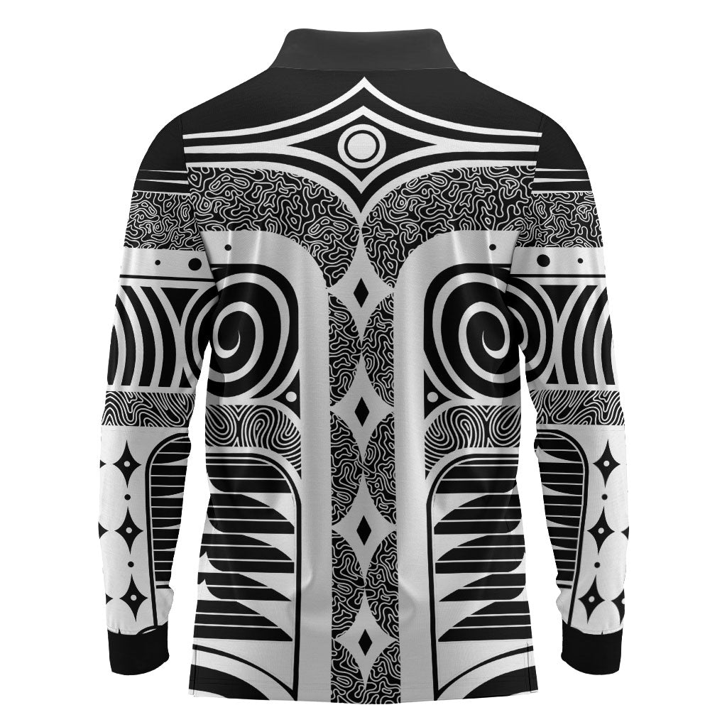 Japanese Indigenous Long Sleeve Polo Shirt Jomon Tribal Inspired Black