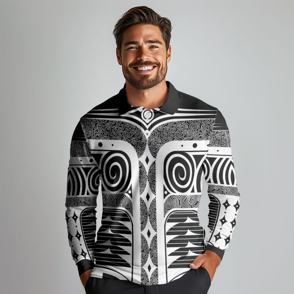 Japanese Indigenous Long Sleeve Polo Shirt Jomon Tribal Inspired Black