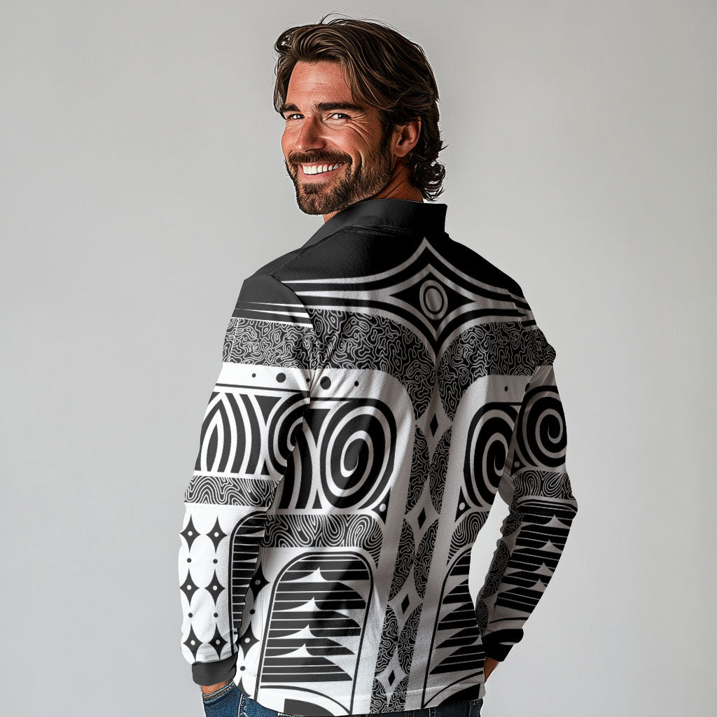 Japanese Indigenous Long Sleeve Polo Shirt Jomon Tribal Inspired Black
