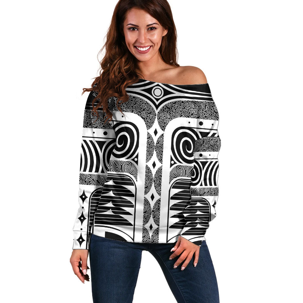 Japanese Indigenous Off Shoulder Sweater Jomon Tribal Inspired Black