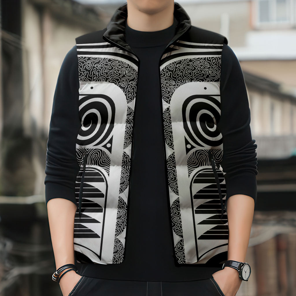 Japanese Indigenous Sleeveless Puffer Jacket Jomon Tribal Inspired Black