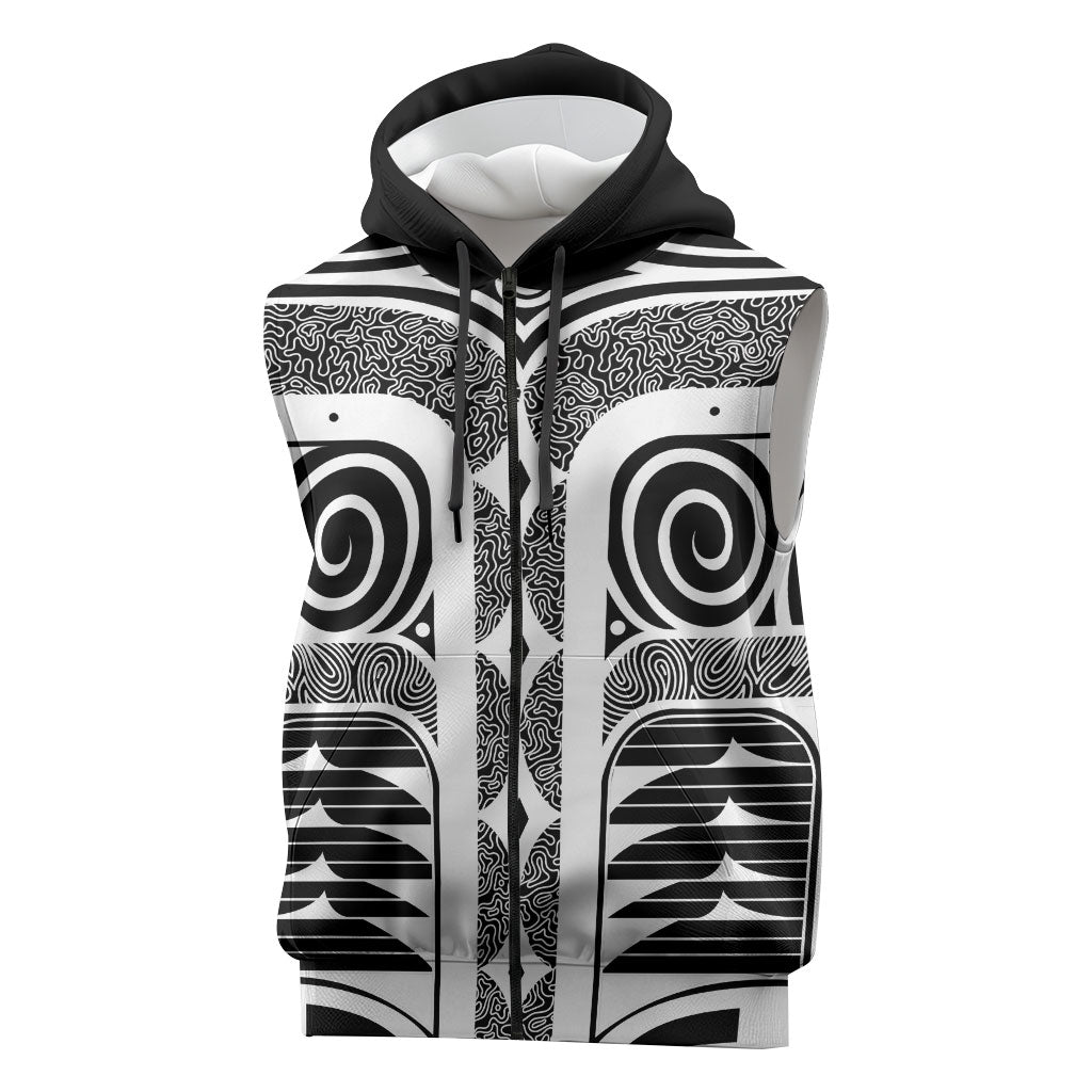 Japanese Indigenous Sleeveless Zip Hoodie Jomon Tribal Inspired Black
