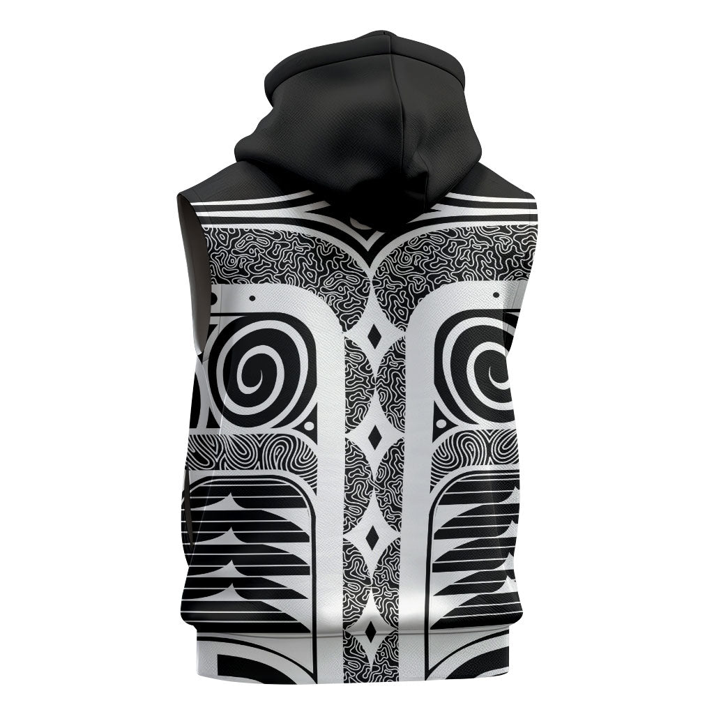 Japanese Indigenous Sleeveless Zip Hoodie Jomon Tribal Inspired Black