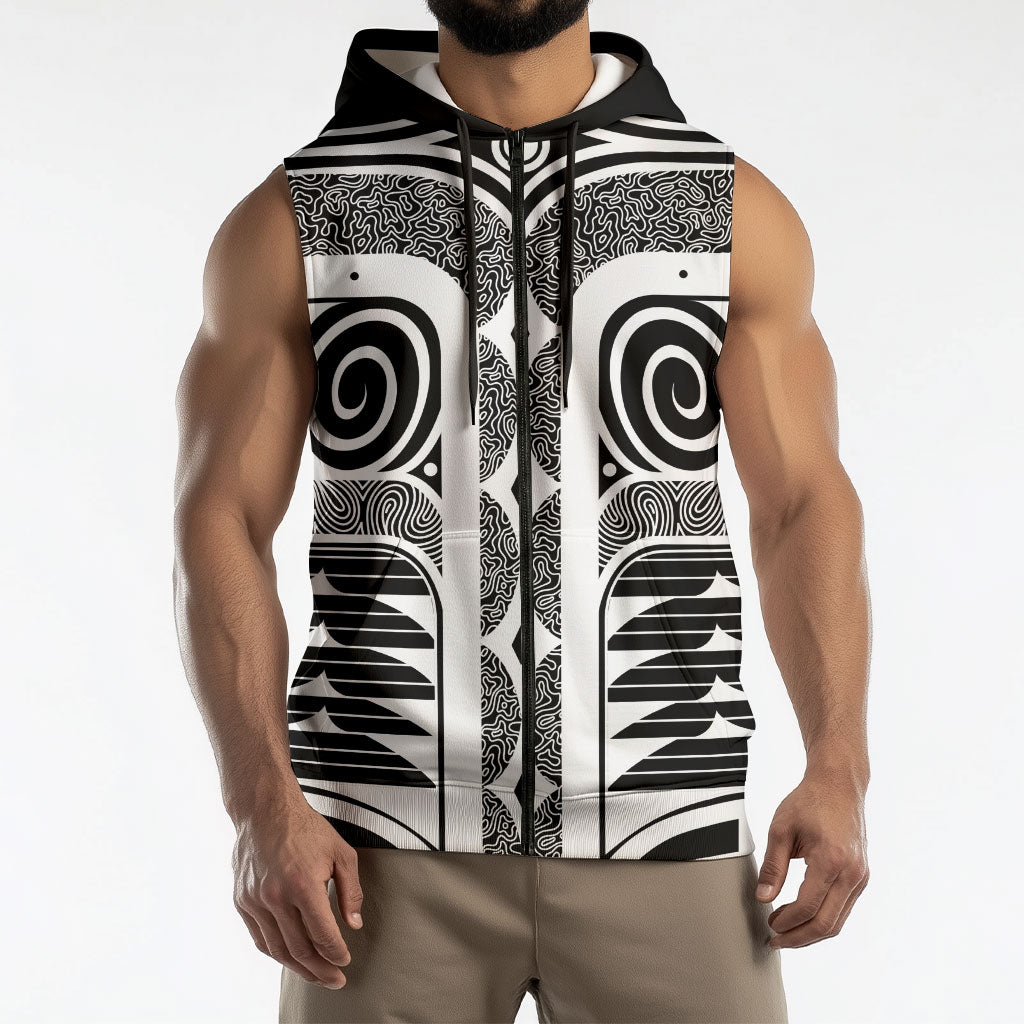 Japanese Indigenous Sleeveless Zip Hoodie Jomon Tribal Inspired Black