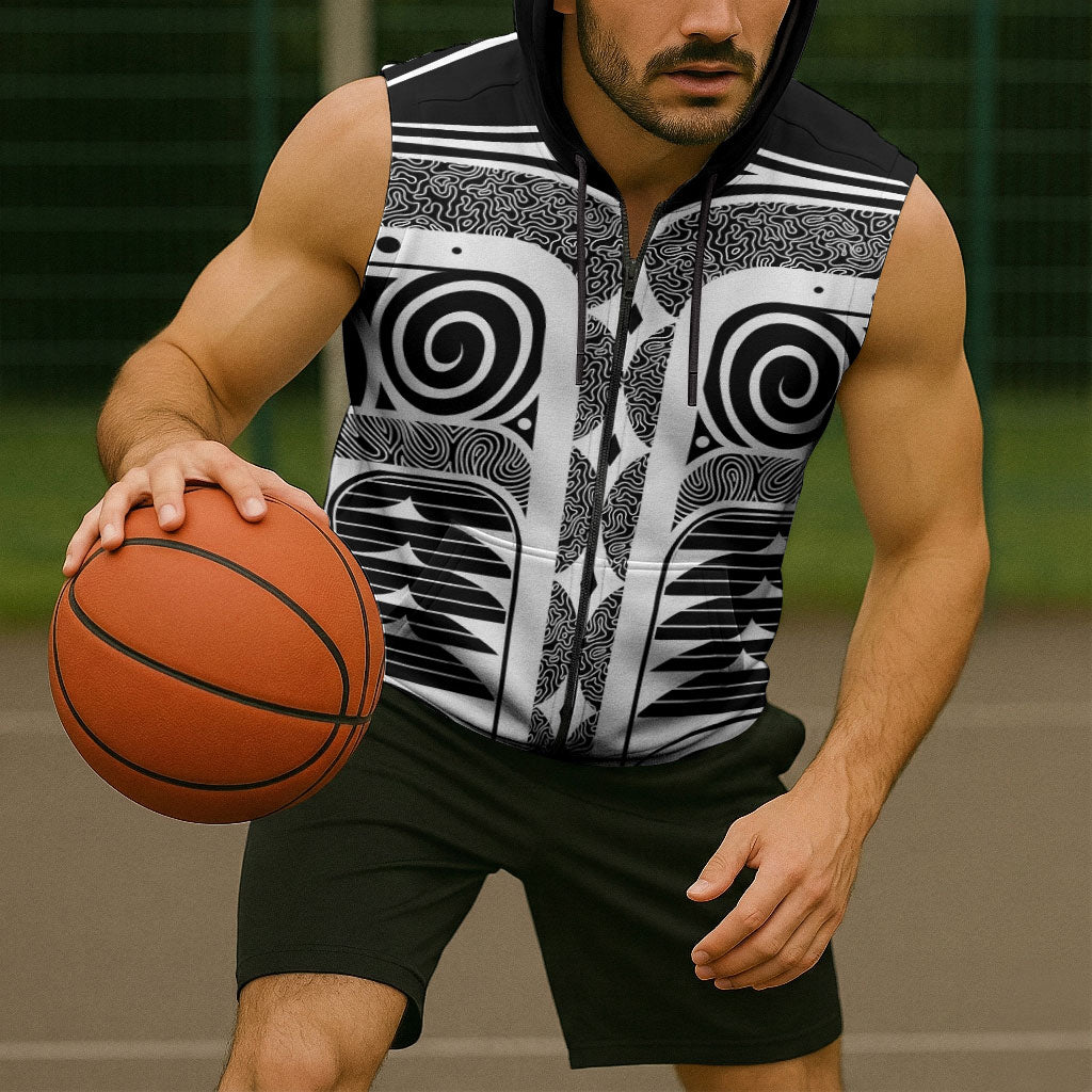 Japanese Indigenous Sleeveless Zip Hoodie Jomon Tribal Inspired Black