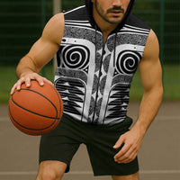 Japanese Indigenous Sleeveless Zip Hoodie Jomon Tribal Inspired Black