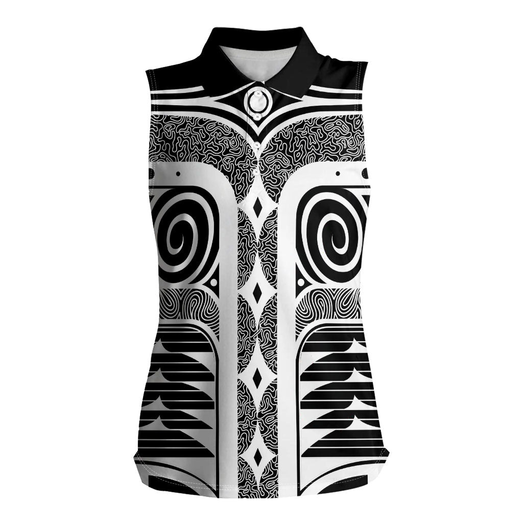 Japanese Indigenous Women Sleeveless Polo Shirt Jomon Tribal Inspired Black
