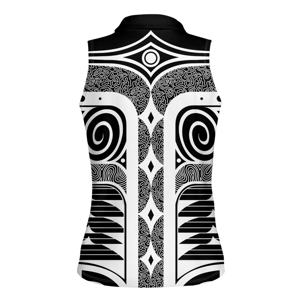 Japanese Indigenous Women Sleeveless Polo Shirt Jomon Tribal Inspired Black