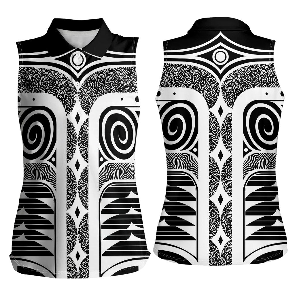 Japanese Indigenous Women Sleeveless Polo Shirt Jomon Tribal Inspired Black