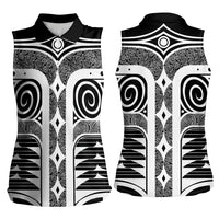 Japanese Indigenous Women Sleeveless Polo Shirt Jomon Tribal Inspired Black