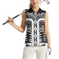 Japanese Indigenous Women Sleeveless Polo Shirt Jomon Tribal Inspired Black