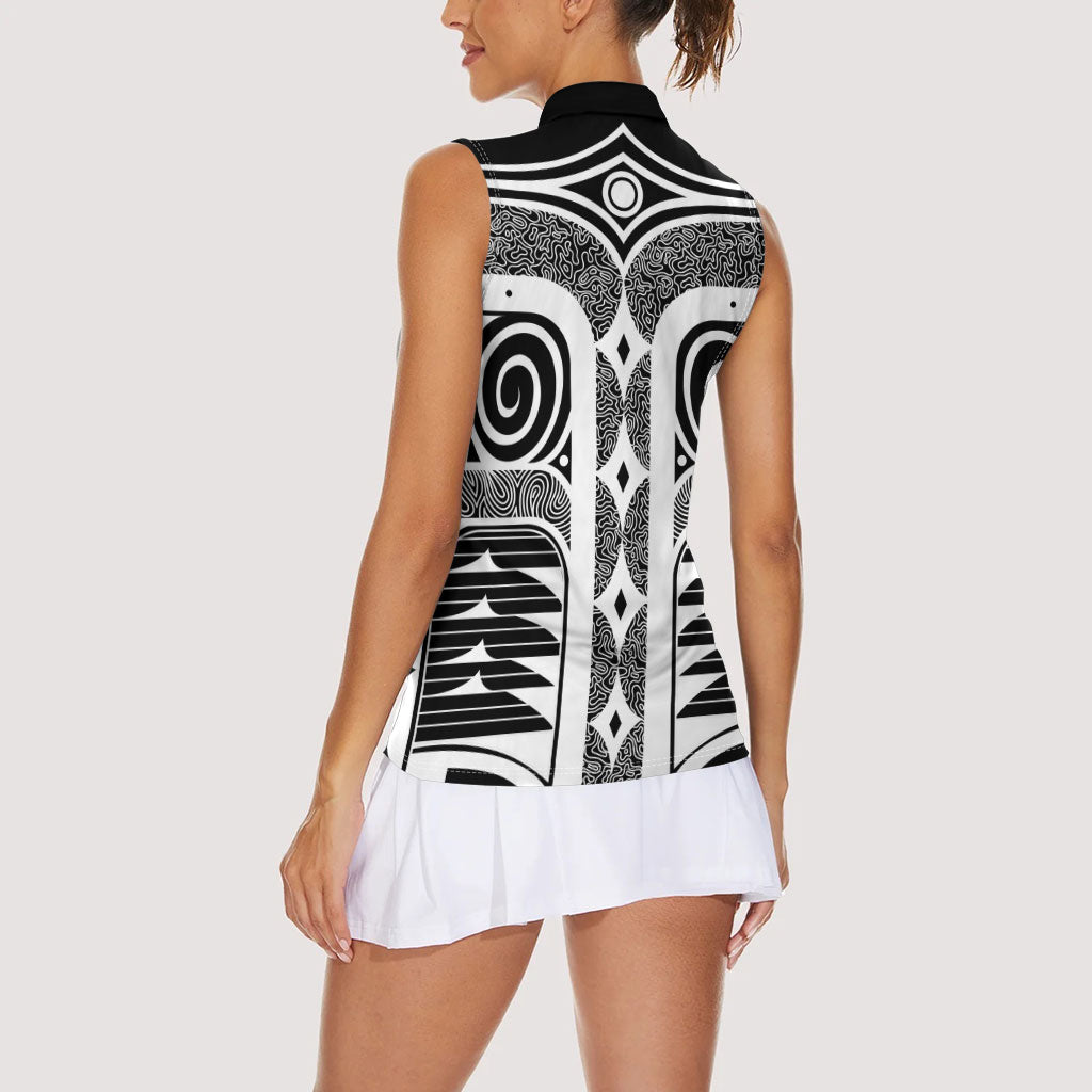 Japanese Indigenous Women Sleeveless Polo Shirt Jomon Tribal Inspired Black