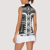 Japanese Indigenous Women Sleeveless Polo Shirt Jomon Tribal Inspired Black