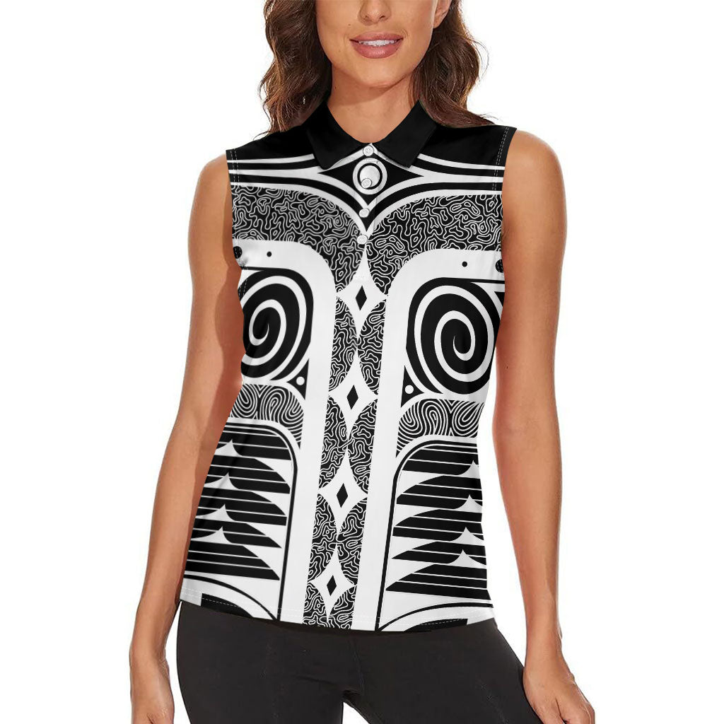 Japanese Indigenous Women Sleeveless Polo Shirt Jomon Tribal Inspired Black