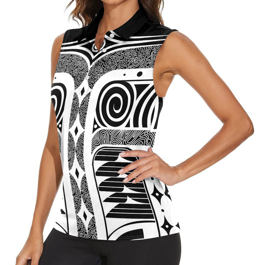 Japanese Indigenous Women Sleeveless Polo Shirt Jomon Tribal Inspired Black