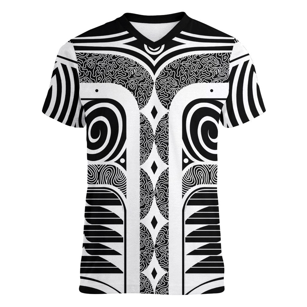 Japanese Indigenous Women V-Neck T-Shirt Jomon Tribal Inspired Black