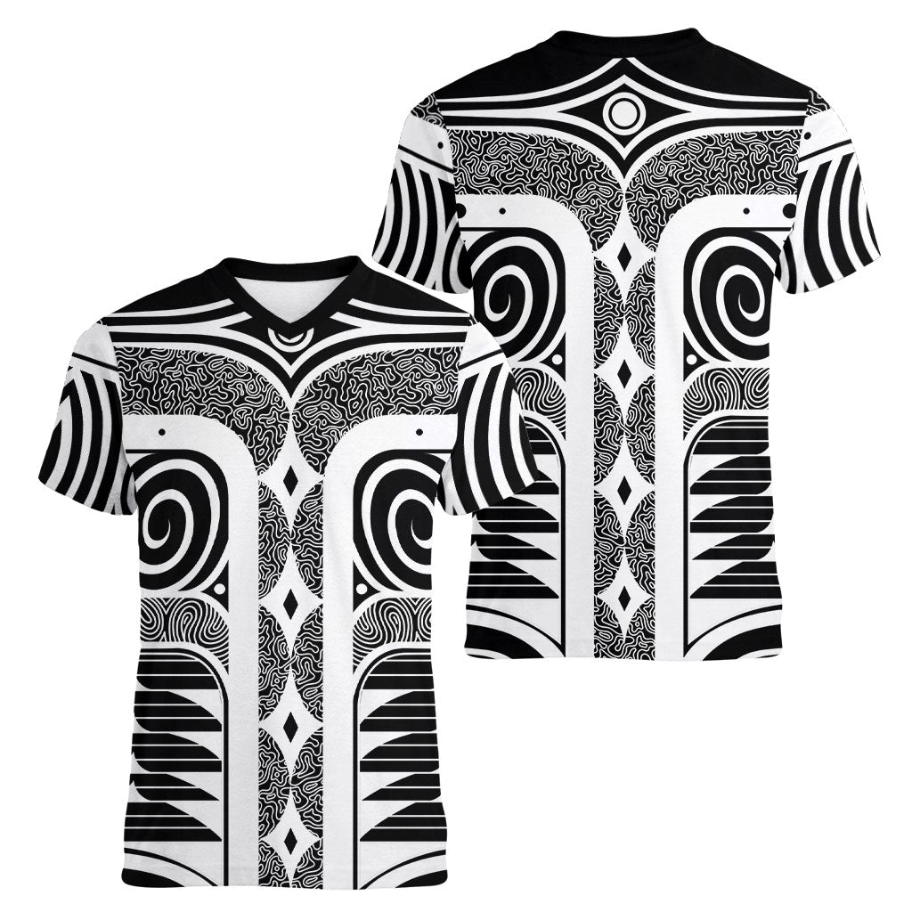 Japanese Indigenous Women V-Neck T-Shirt Jomon Tribal Inspired Black