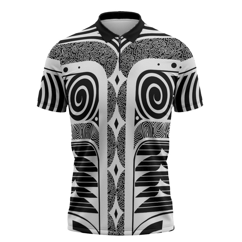 Japanese Indigenous Zipper Polo Shirt Jomon Tribal Inspired Black