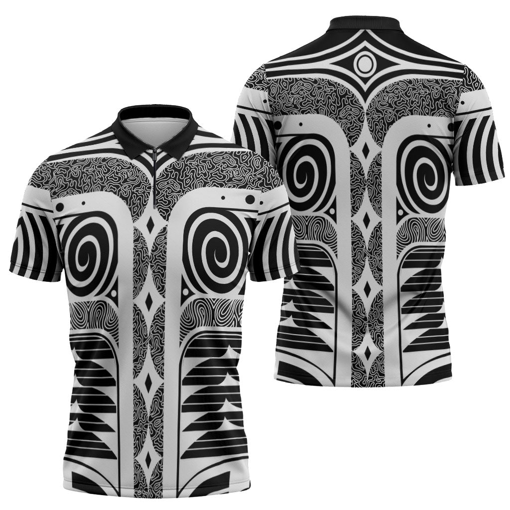 Japanese Indigenous Zipper Polo Shirt Jomon Tribal Inspired Black
