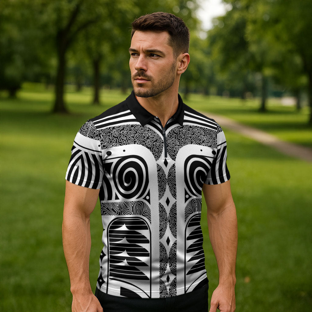Japanese Indigenous Zipper Polo Shirt Jomon Tribal Inspired Black