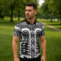 Japanese Indigenous Zipper Polo Shirt Jomon Tribal Inspired Black
