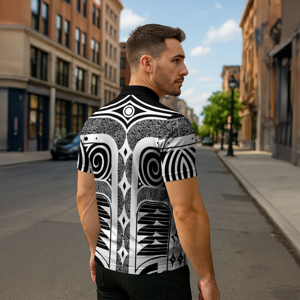 Japanese Indigenous Zipper Polo Shirt Jomon Tribal Inspired Black