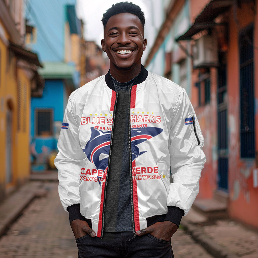 Custom Cabo Verde Sleeve Zip Bomber Jacket Blue Sharks Fear No Giants