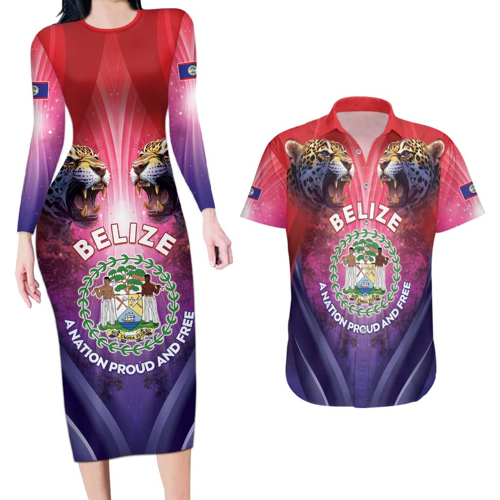 Belize 44th Independence Anniversary Couples Matching Long Sleeve Bodycon Dress and Hawaiian Shirt Stronger Together Rising Forever - Wonder Print Shop