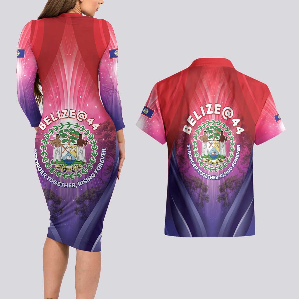 Belize 44th Independence Anniversary Couples Matching Long Sleeve Bodycon Dress and Hawaiian Shirt Stronger Together Rising Forever - Wonder Print Shop